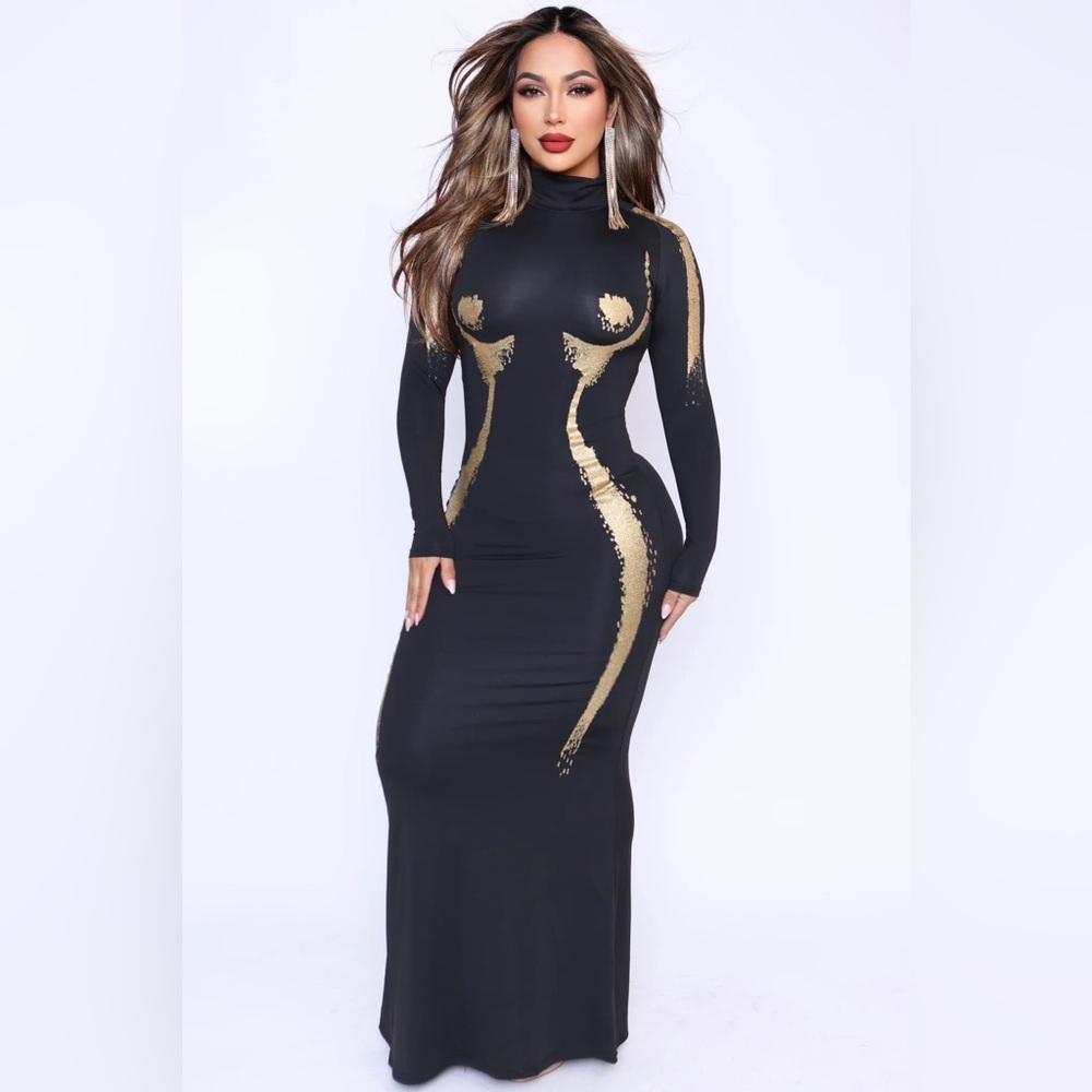 Micas Body Print Turtle Neck Langarm Maxikleid - Picture 6 of 9